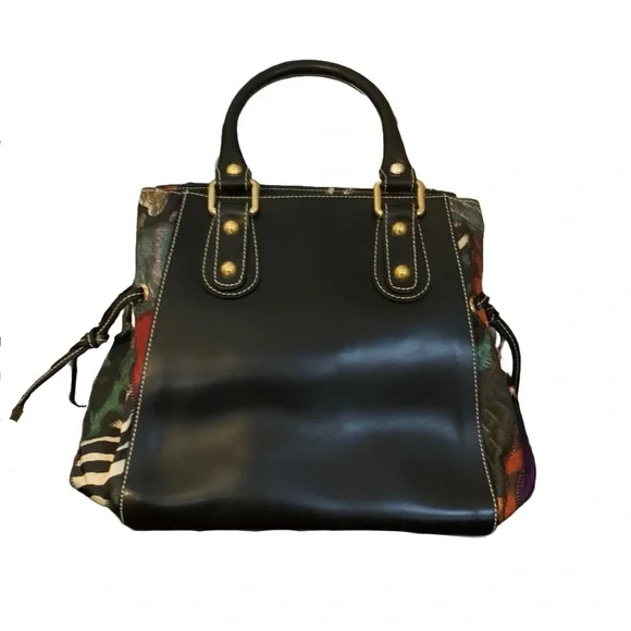 BRACCIALINI BLACK LEATHER SHOULDER BAG W/MULTI COLOR FABRIC SIDES - Picture 4 of 13